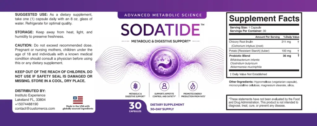 The SodaTide product label showing usage directions, storage advice and the complete Supplement Facts panel